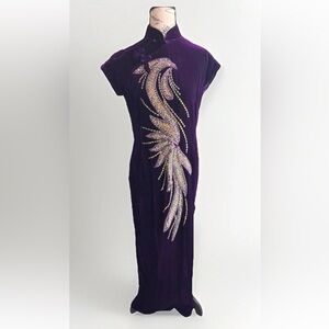 Vintage 70s Purple Velour Velvet Cheongsam Chinese Sequin Beaded Maxi Slit Dress